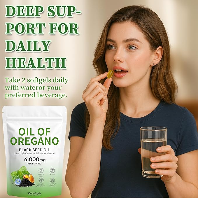 Oil of Oregano Softgels 300 Count Non-GMO | 2 in 1 Formulated with 4X Strength Carvacro | Black Seed Oil l &amp Thymoquinone | Plant Based