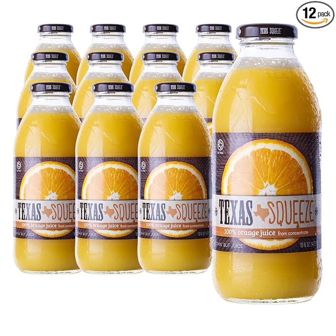 Texas Squeeze Orange Juice NON GMO Verified Texas Grown and Bottled Orange Juice from Concentrate No Sugar Added No Preservatives 16 fl oz Pack of 12