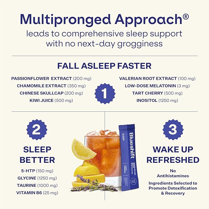 Blueshift Sleep Aid Powder for Adults – Lemon Lavender | 3 mg Melatonin 5‑HTP Taurine &amp Glycine | Stick‑Pack Drink Mix – Zero Sugar 5 Cal | Deep REM &amp Next‑Day Refresh | Sleep 10 ct