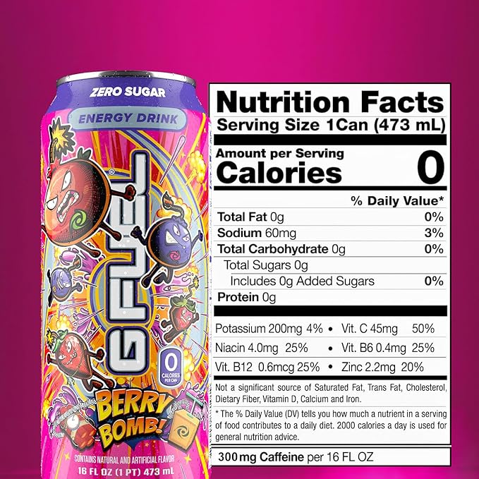 G Fuel Energy Drink Berry Bomb Sugar Free Carbonated Beverage with 300mg Caffeine Daily Energy Boost with Focus Amino Vitamin + Antioxidants 16 oz Cans (Berry Bomb 12-Pack)