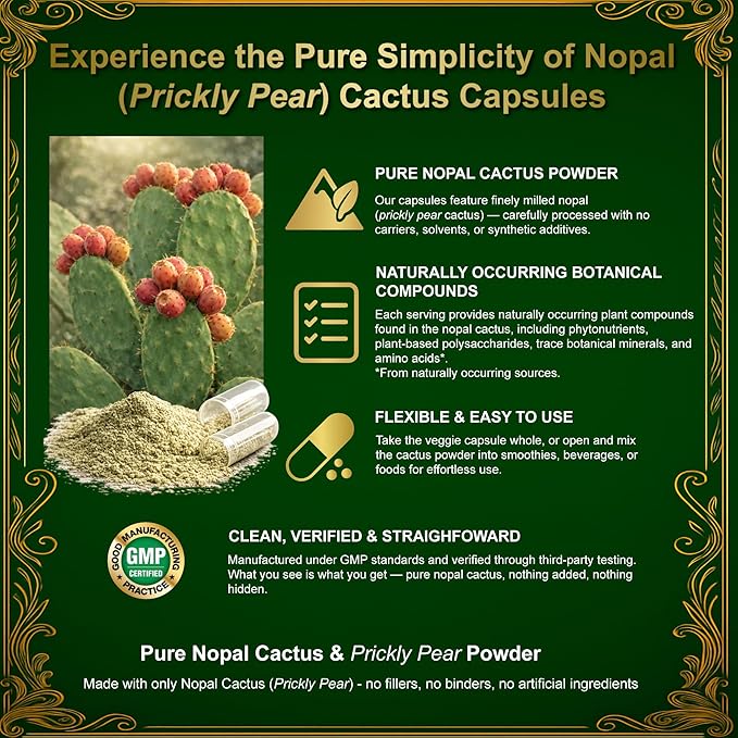 Nopal Cactus Capsules - Freeze Dried Prickly Pear Extract - Fiber Supplement for Metabolic Health Support - Rich in Betalains &amp Nitrates - Non-GMO - 120 Veggie Caps (2 Bottles)