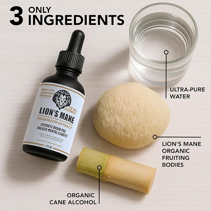 Lion's Mane Extract Mushroom Tincture - Focus Memory &amp Clarity Support - 2 oz Lion’s Mane Supplement Liquid Extract | Dual-Extracted from USA-Grown Fruiting Bodies Mushroom Drops Nootropic