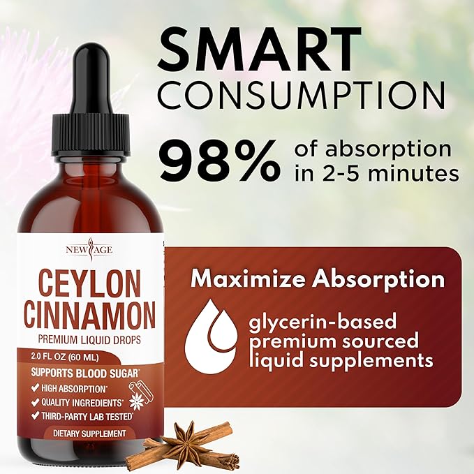 NEW AGE Ceylon Cinnamon Tincture Drops - Liquid Cinnamon Supplements for Overall Support - Cinnamomum Verum Bark Extract - Vegan Sugar &amp Alcohol-Free Non-GMO - 4 fl oz
