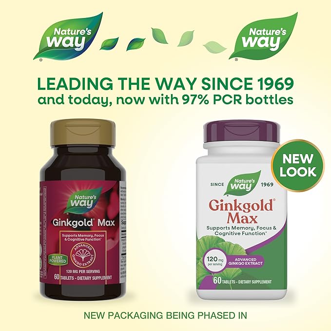 Nature's Way Ginkgold Max Advanced Ginkgo Extract Supports Concentration Cognitive Function* Memory and Focus* Gluten-Free Vegan 60 Vegan Tablets (Packaging May Vary)