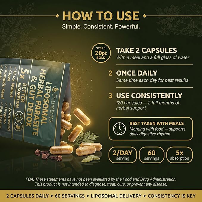 Liposomal Herbal Parasite &amp Gut Detox 120 Capsules 5X Better Absorption with Black Walnut Wormwood Clove Pumpkin Seed Garlic Oregano PAU D'Arco Papaya
