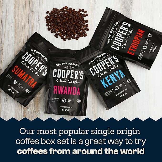 Gourmet Coffee Sampler Gift Box Set Roasted Coffee Ground Sumatra Dark Kenya AA Medium-Dark Rwanda Medium Natural Ethiopian Light Ground 4 Bags 16 oz Total