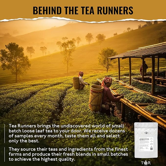 Tea Runners Lapsang Souchong Organic Whole Leaf Black Tea – Small Batch Smoked Over Pinewood for Bold Complex Flavor – Premium Fujian China Loose Leaf Tea High Caffeine - 5 oz