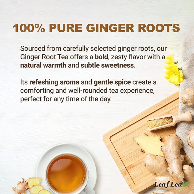 LeafLea 100% Pure Ginger Root Tea Bags – Spicy &amp Warming Herbal Tea Supports Digestion &amp Immune Health Individually Wrapped Non-GMO Caffeine Free Sugar Free No Gluten