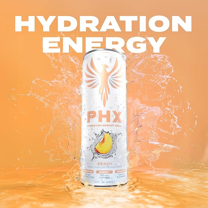PHX Hydration Energy Drink - 700mg Electrolytes 200mg Natural Green Tea Caffeine 100% Daily Value 8 Essential Vitamins - 12 oz Cans (12 Pack) (12 Pack Peach)