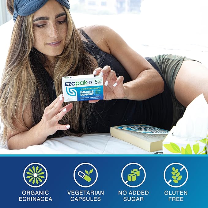 EZC Pak 5-Day Immune System Booster with Echinacea Vitamin C Zinc &amp Vitamin D - Tapered Immune Support Supplement for Adults - Supports Immunity Easy Travel-Size Supplement Pack - (Pack of 2)