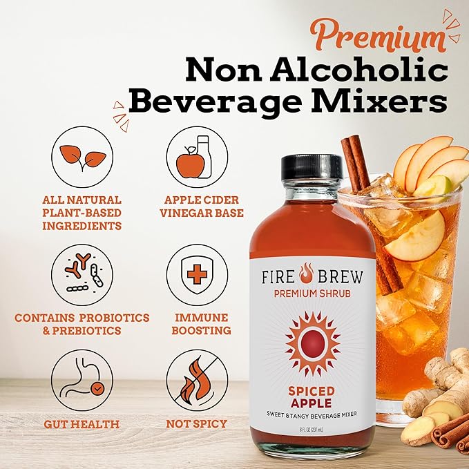 Fire Brew Premium Shrub – Spiced Apple Shrub | 16 Concentrated Servings of Organic Ingredients for Cozy Sweet Tart Flavor with Apple Cinnamon Ginger Cardamom Clove and Honey – 8oz