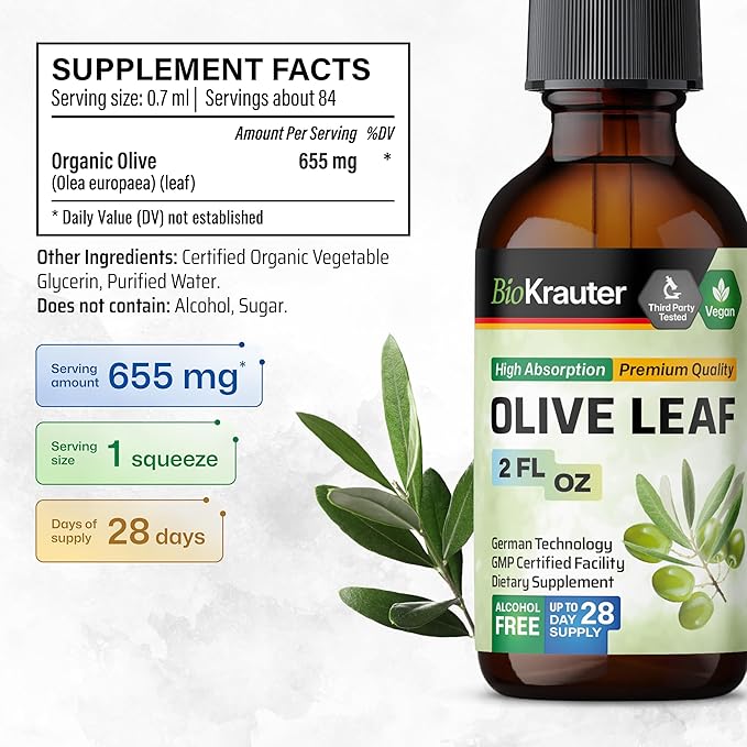 BIO KRAUTER® Olive Leaf Extract for Immune Support - Pure Vegan Oleuropein &amp Hydroxytyrosol Supplement - Used for Daily Wellness &amp Antioxidant Support - Alcohol &amp Sugar Free 2 Fl.Oz 28-Da