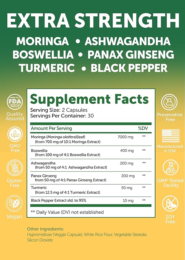 Lunakai USA Made Pure Moringa Capsules – Advanced Moringa Leaf Extract Supplement with Ashwagandha Boswellia Ginseng &amp Turmeric 60ct