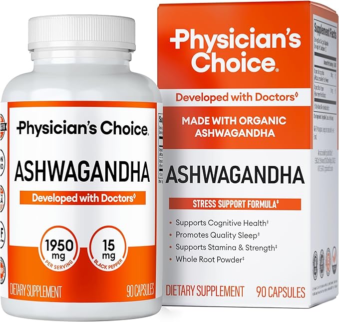 Physician's CHOICE Ashwagandha Supplement - 1950mg of Bioavailable Organic Ashwagandha Root Powder - Black Pepper Extract Stress Support Mood Support Supplement 90 Veggie Capsules