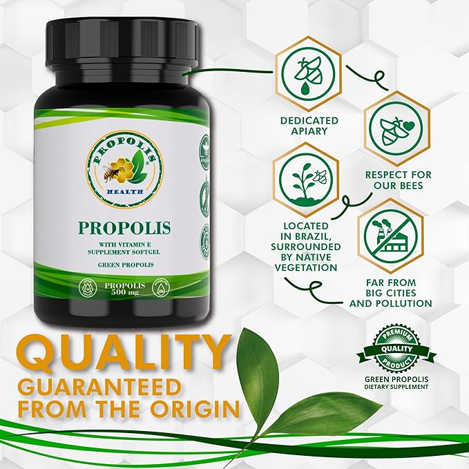 Propolis Health Propolis Capsules 1000mg-Daily with Vitamin E Per dose - Pure Brazilian Green Propolis Extract - Immune Booster 50 Days Supply -100 Capsules