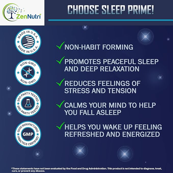 Sleep Prime Vegan Natural Sleep Aid for Adult Extra Strength - Deep Sleep Supplement - Herbal Sleeping Pill - Stress Relief - Melatonin GABA - 60 Veggie caps