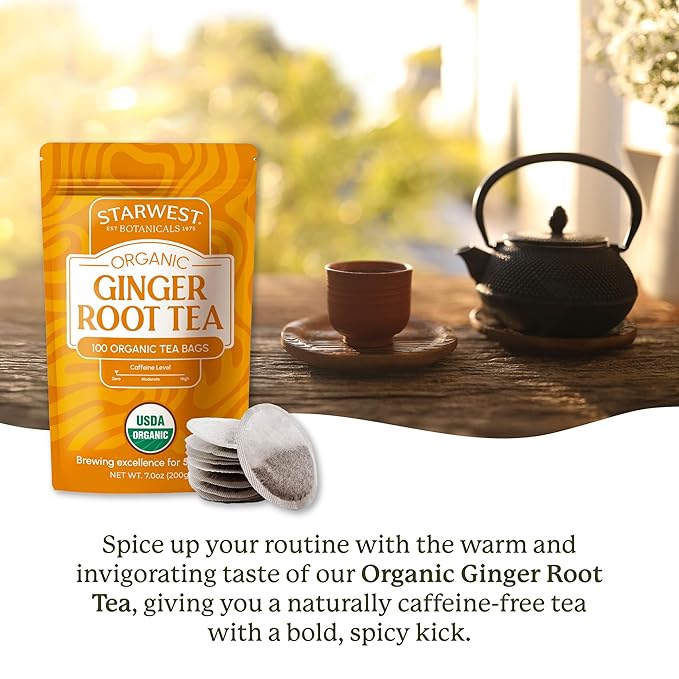 Starwest Botanicals Organic Ginger Root Tea - Caffeine Free Herbal Tea Supports Digestion String Free Sachets USDA Organic Ginger Root Non GMO - Bulk Pack 100 Tea Bags