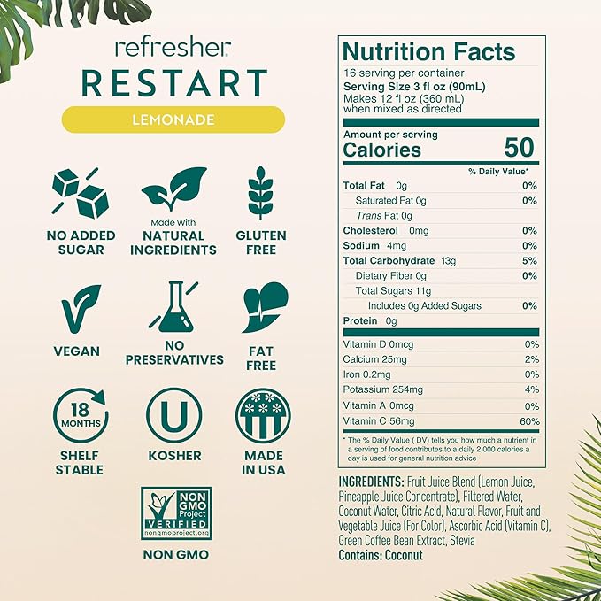 Smartfruit Restart Refresher – Lemonade – Made with Real Lemon Juice No Added Sugar Coconut Water for Hydration Green Coffee Bean Extract for Natural Energy – 48oz Drink Mix