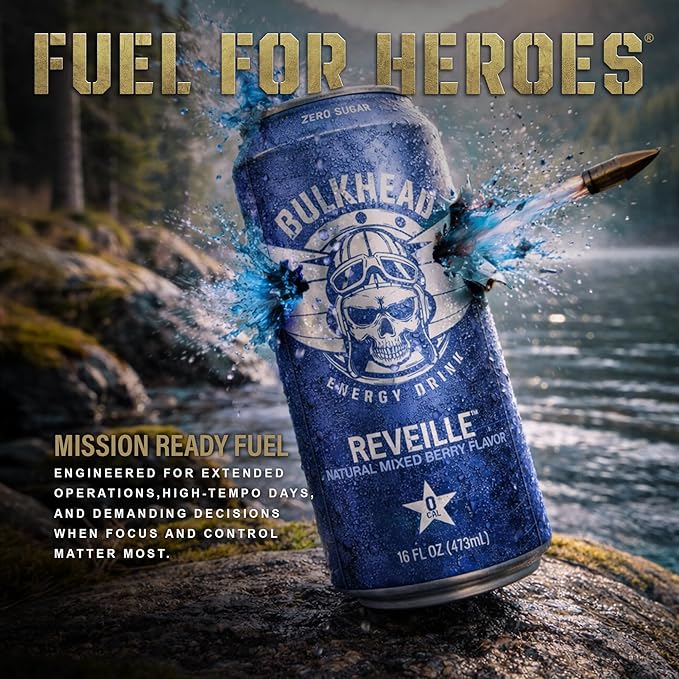 Reveille Blueberry Energy Drink (12 Pack) - Citrus Mixed Berry Nootropic Drink - Zero Sugar Energy Drinks w/ 300mg Caffeine &amp Vitamins - Power Drinks for First Responders Athletes Veterans