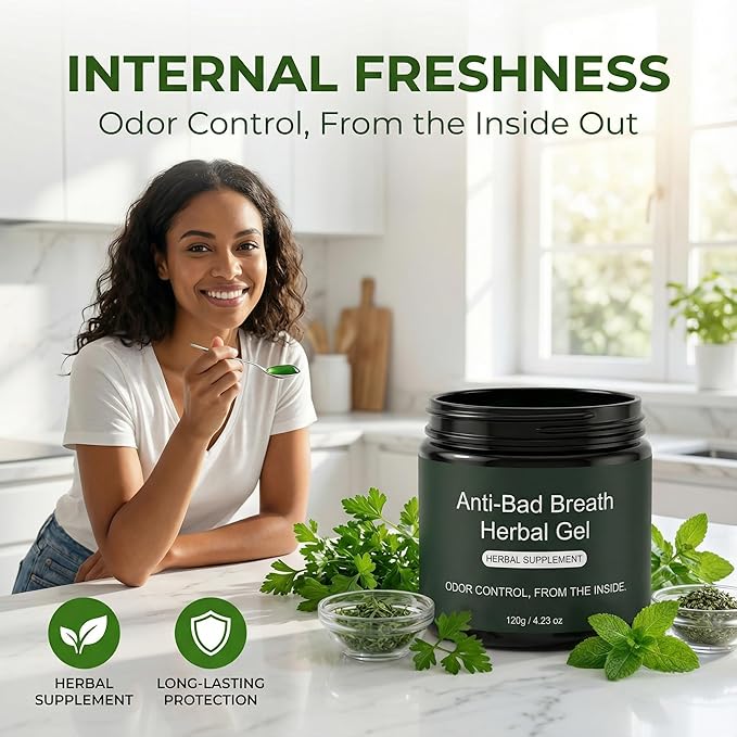 Anti-Bad Breath Herbal Gel Supplement Internal Freshening Formula with Parsley Green Tea Lemon Balm Clove Bud Oil Peppermint Oil &amp Chlorophyllin Natural Mint Flavor (1PCS)