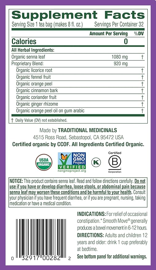 Traditional Medicinals Tea Organic Smooth Move Relieves Occasional Constipation Senna 32 ct (Pack of 3)
