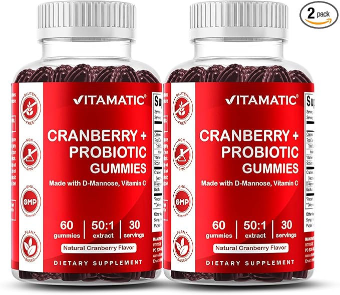 Vitamatic 2 Pack Cranberry Gummies with D-Mannose Probiotics Vitamin C – Plant-Based Botanical Extract – Vegan Non-GMO – 60 Count