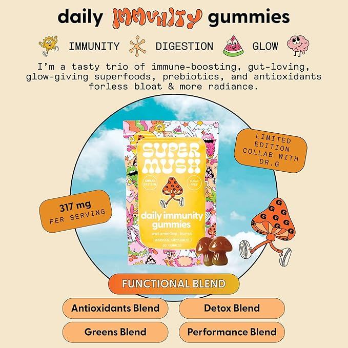 SuperMush Dr. G Daily Greens Gummies - Lion’s Mane Spirulina Chlorella Ashwagandha Prebiotics &amp Vitamins C D Zinc - Sugar Free Greens Gummies for Immunity Gut Health &amp Radiance - Vegan
