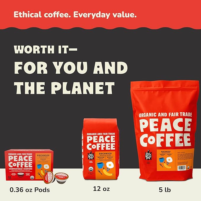 Peace Coffee Morning Glory Signature Blend Light Roast Whole Bean Coffee 12 oz Pack of 3 Organic Fair Trade Smooth Mild Flavor Shade Grown Fresh Roasted