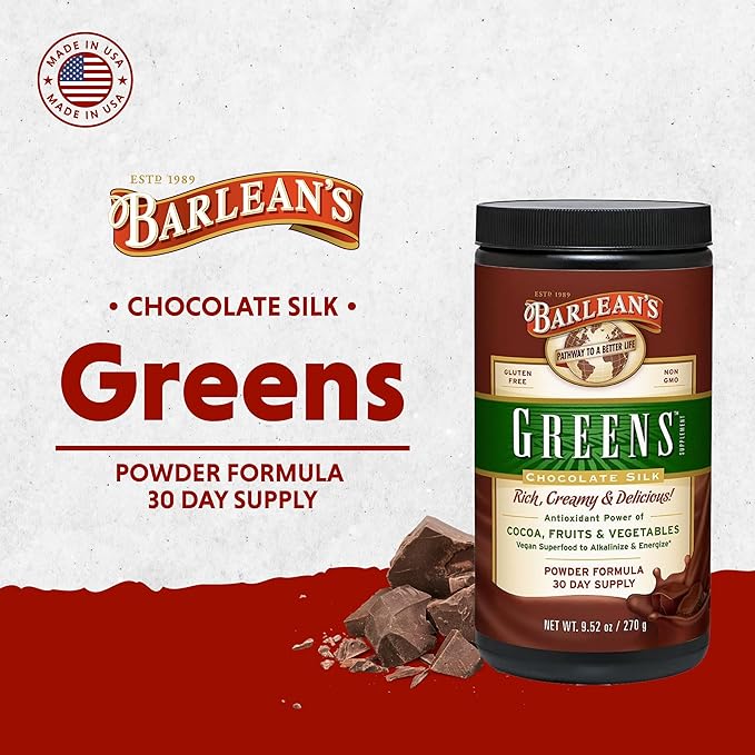 Barlean's Chocolate Greens Powder Daily Fruit and Vegetable Superfood Supplement Green Antioxidant Blend and Fiber Smoothie Drink Mix 9.52 oz