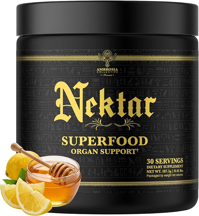 Ambrosia Nektar - Superfood Powder | Daily Organ Support Supplement | Greens Powder Alternative | 13 Superfoods for Energy Digestion Skin Health &amp Immune Support | 30 Servings | Honey Lemon