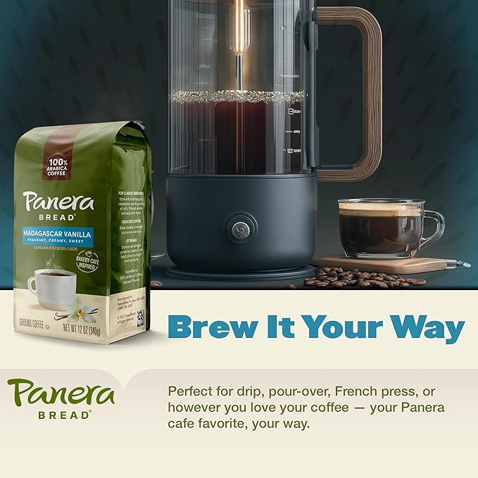 Panera Madagascar Vanilla Ground Coffee - Light Roast Natural Vanilla Flavor - 100% Arabica No Artificial Ingredients - Bakery-Cafe Quality - 12oz Bag Pack of 6 (72oz Total)