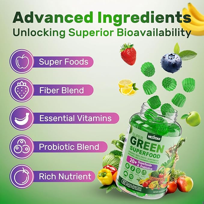 Super Greens Gummies Greens Superfood Powder Alternative w/Spirulina Chlorella Prebiotic Fiber Probiotic Fruit Veggie Daily Greens Vegetable for Digestive &amp Gut Health Immunity Focus 60 C