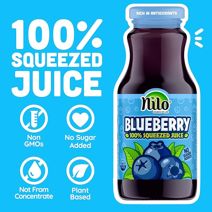 NILO Blueberry Juice | 100% Squeezed Wild Blueberry Arandano | NO Sugar added | NON GMO | NOT From Concentrate | 8.45 oz (Pack of 12)