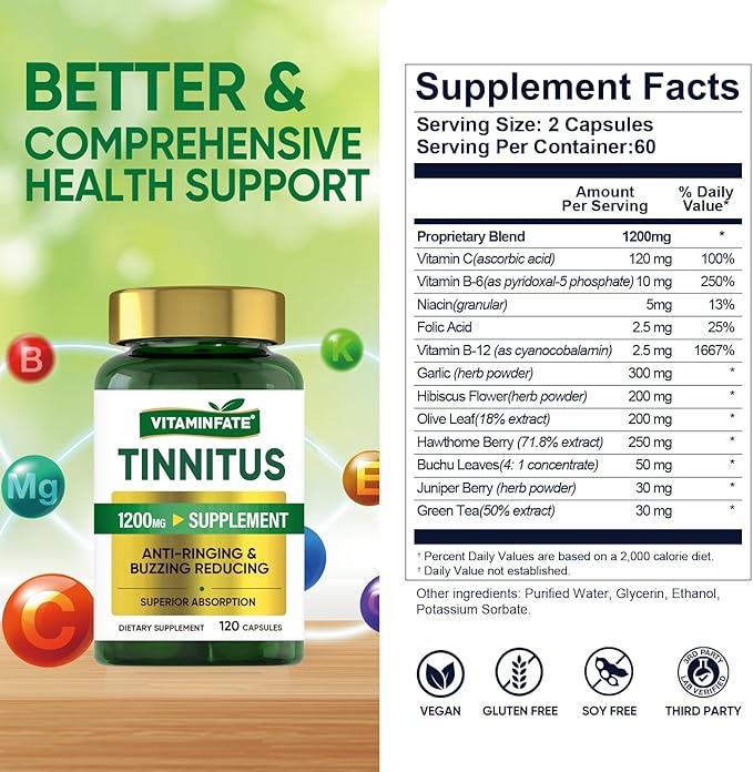 Tinnitus Relief for Ringing Ears Supplement 1200mg - 120 Capsules | Supports Ear Health and Reduces Tinnitus Symptoms