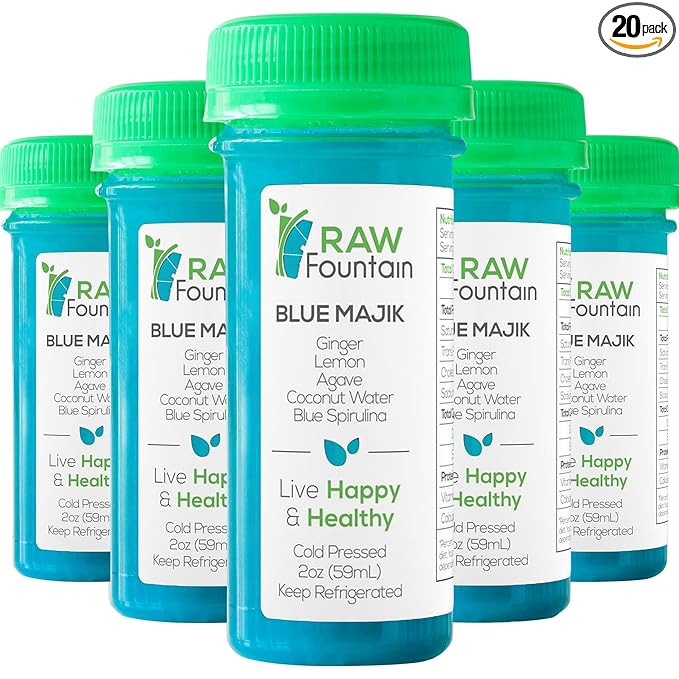 20 Immunity Shots w/Blue Spirulina Agave Lemon Ginger 2fl Oz Packed w/Vitamin C Raw Cold Pressed Unpasteurized Boosts Immunity All Natural No Artificial Flavors or Preservatives