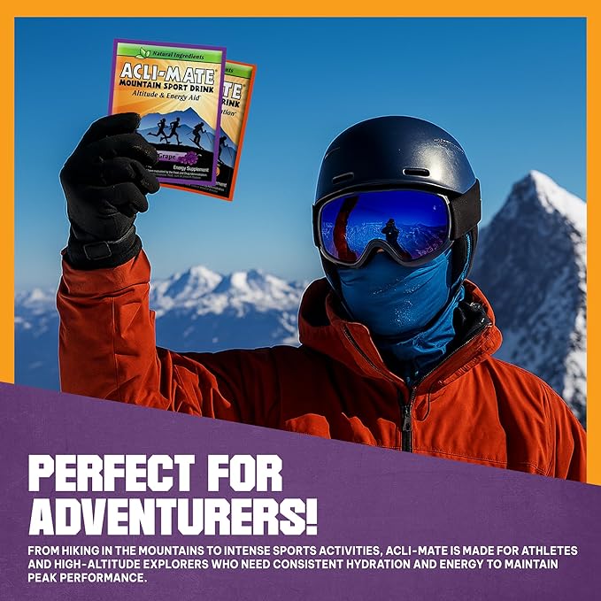 Acli-Mate Mountain Sport Drink Mix - Energy Powder Supplement - High Altitude Acclimatization Hydration - Recovery Drink for Running Cycling Hiking Workout Skiing &amp More (Grape + Orange 60 CT