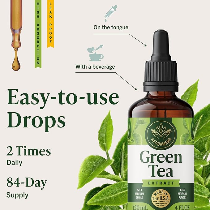 HERBAMAMA Green Tea Drops - Vegan Antioxidant &amp Overall Support with Green Tea Extract Liquid Tincture - Non-GMO Alcohol &amp Sugar-Free Camellia Sinensis Supplement 84-Day Supply
