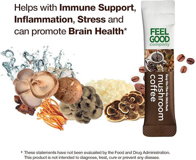 Feelgood Company Mushroom Coffee with 10 Organic Mushrooms and Arabica Coffee 30 Stick Packs Zero Added Sugar Supports Immune Health and Brain Function