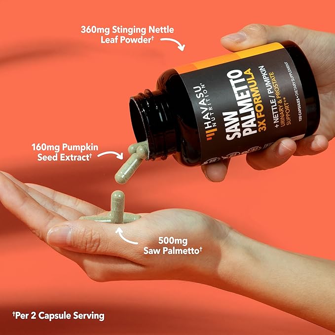 Saw Palmetto Supplement with Stinging Nettle and Pumpkin Seed Extract - Advanced 3X Formula - DHT Blocker Urinary Health and Prostate Support for Mens Health - Vegan Non-GMO Capsules - 2 Month Supply