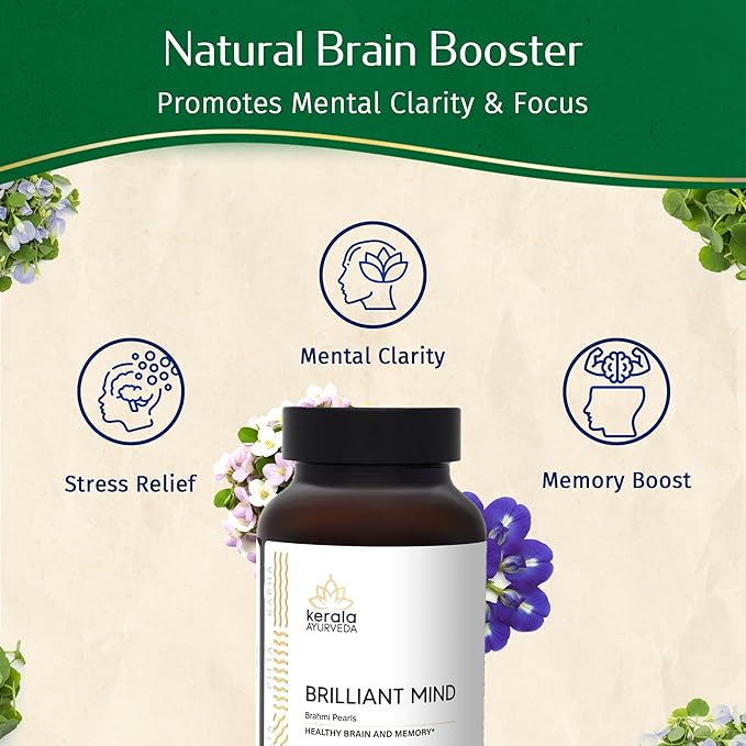 Kerala Ayurveda Brahmi (Bacopa Monnieri) Pearls - 60 Capsules | Ayurvedic Brain Health Memory &amp Focus Herbal Supplement for Adults | Natural Focus &amp Stress Relief Brain Booster | Prop 65 Comp