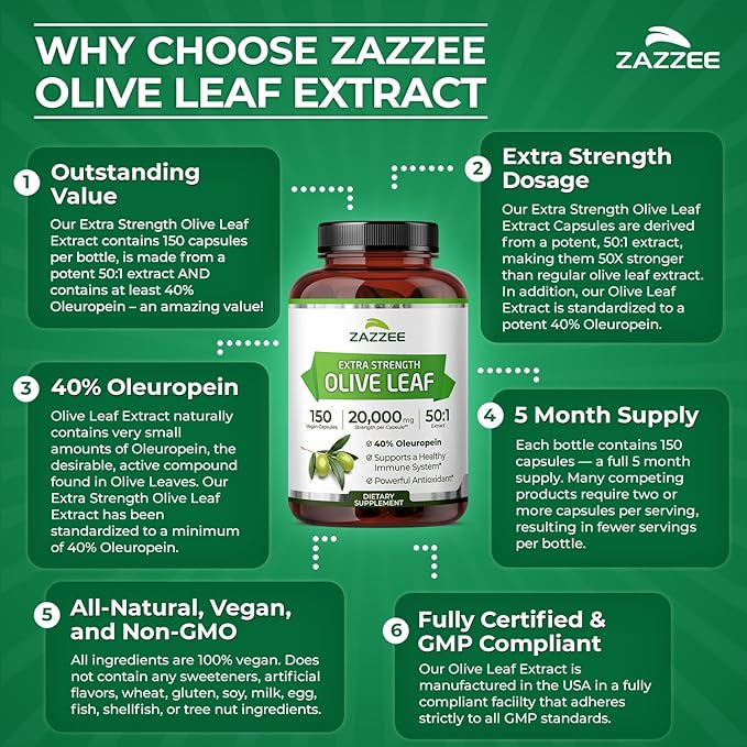 Zazzee Extra Strength Olive Leaf 50:1 Extract 40% Oleuropein 150 Vegan Capsules 5 Month Supply Olea Europaea Mediterranean Source Potent Antioxidant &amp Immune Support Non-GMO Made in the US