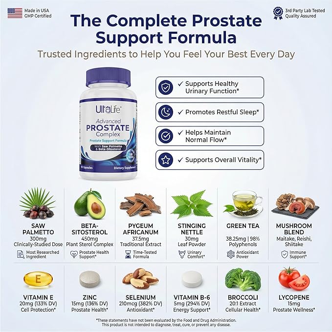 ULTALIFE Advanced Saw Palmetto Prostate Supplement for Men with Beta Sitosterol Promotes Urinary Comfort Sleep Quality &amp Prostate Health 90 Capsules
