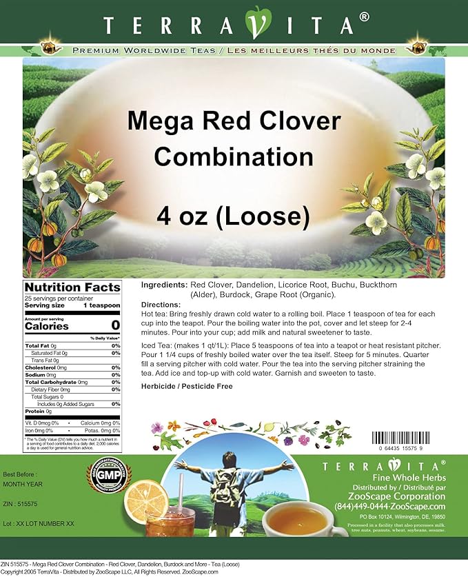 Mega Red Clover Combination - Red Clover Dandelion Burdock and More - Tea (Loose) (4 oz ZIN: 515575) - 3 Pack
