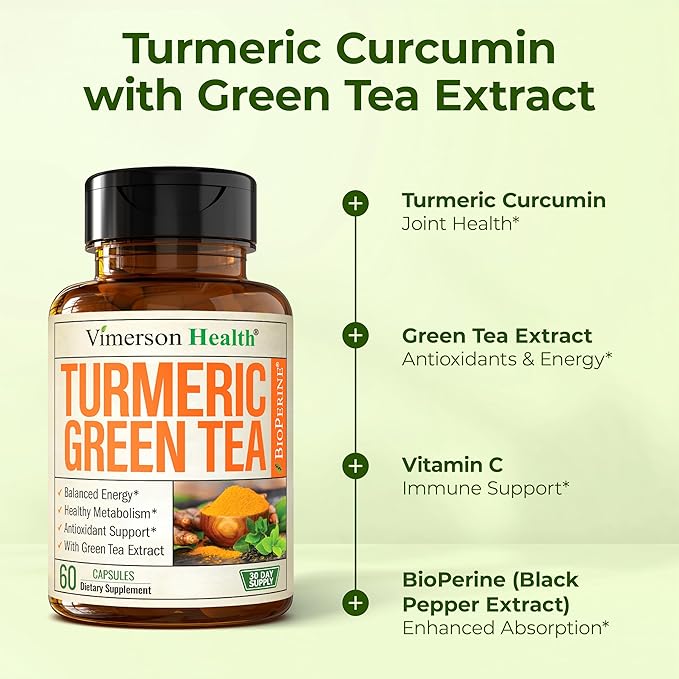 Turmeric Curcumin Supplement with Green Tea Extract (ECGC) &amp Vitamin C for Joint Health Energy &amp Inflammation Balance - Organic Tumeric Curcumin with Black Pepper - Gluten-Free Non-GMO - 60