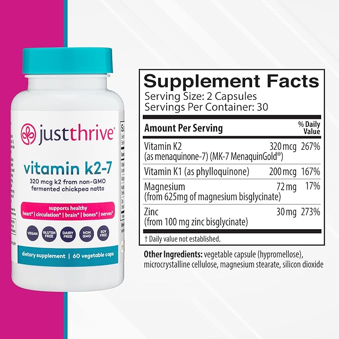 Just Thrive Vitamin K2-7 - Bone Brain and Heart Health K2 Vitamin Supplement 60 Capsules