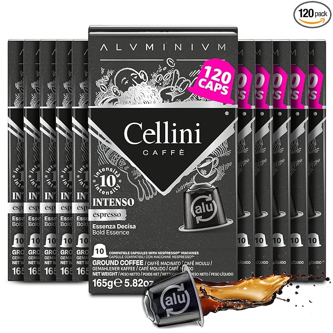 Cellini Caffè Intenso Aluminum Nespresso Pods 120 Count Dark Roast Coffee Capsules 100% Nespresso Original Machine Compatible Extra Strong