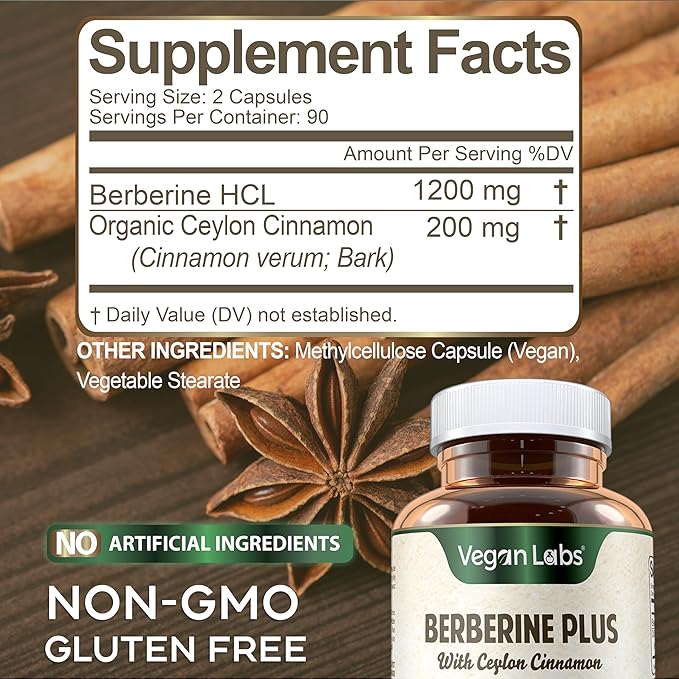 Vegan Labs Berberine HCL 1200MG with Organic Ceylon Cinnamon- 180 Vegan Capsules- Supports Overall Health and Immune System