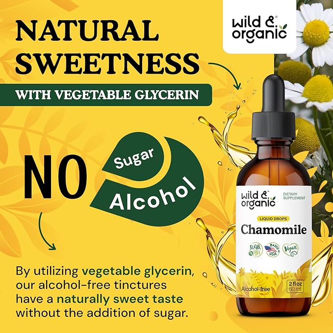 Wild &amp Organic Chamomile Tincture - Relaxing &amp Calming Chamomile Supplement - Liquid Flower Extract Drops - Vegan Sugar &amp Alcohol-Free - 2 fl oz