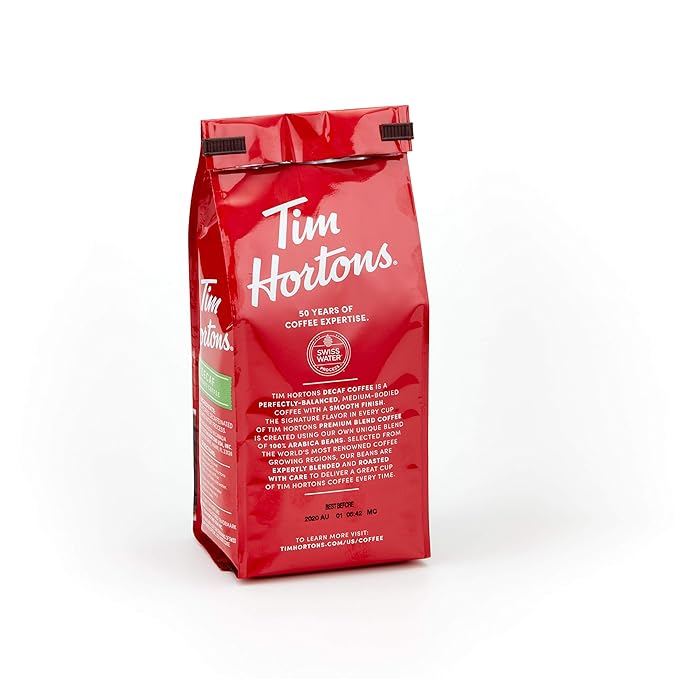 Tim Hortons Decaf Blend Medium Roast Ground Coffee Perfectly Balanced Always Smooth Made with 100% Arabica Beans 72 Ounce (6 x 12 oz Bags)