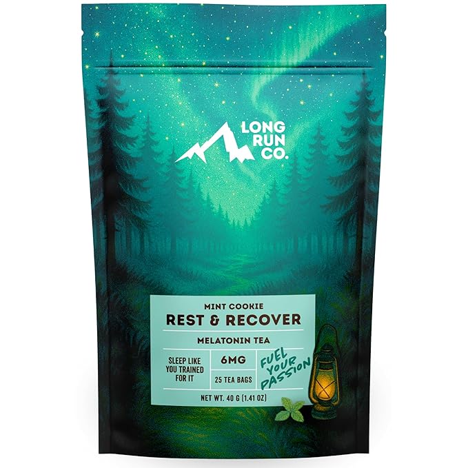 Rest &amp  Recover Sleep Tea by Long Run Co. – Caffeine‑Free Herbal Tea with Melatonin (25 Tea Bags) – All Natural Better Sleep &amp Recovery Wake Up Refreshed [6mg Melatonin Mint Cookie]